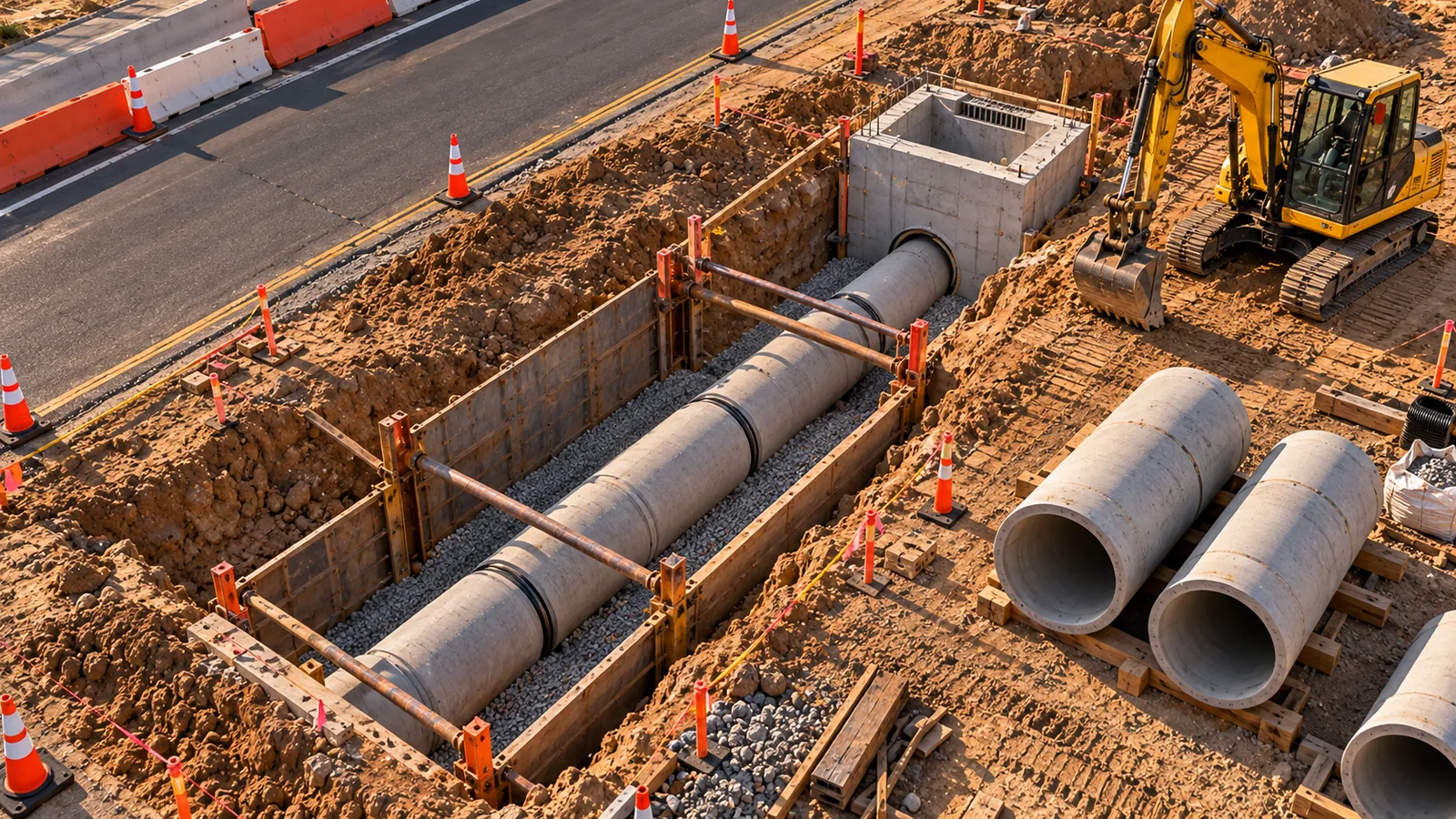 Illustrative downward drone-camera view of concrete storm-drain pipes and a catch basin under construction