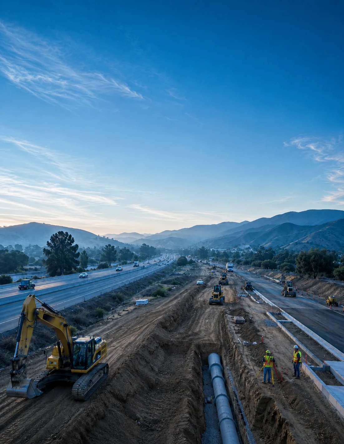 Highway and utility construction with a pipe trench, excavators and field crews in the California hills
