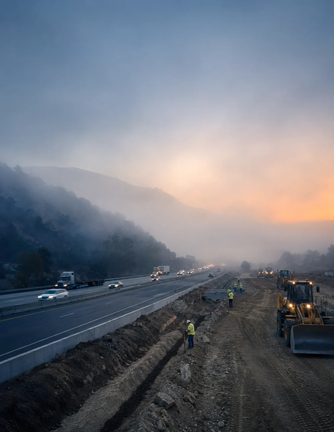Highway and utility construction at sunrise in the California hills