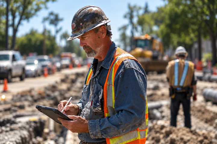 Construction inspector documenting street and utility work on an iPad